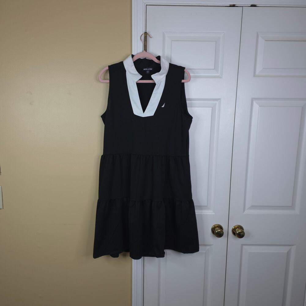 Nautica Jeans Sleeveless Tiered Polo Dress Black Contrast White V-Neck Size L